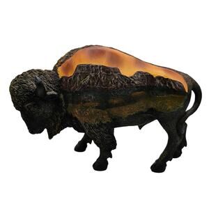 Vintage Buffalo Bison Resin Figurine Sculpture w/ Sunrise Sunset Painted On Side